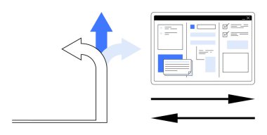 Düzenli veri ve temel formları gösteren dijital arayüzün yanındaki farklı yönleri gösteren eğri oklar. Proje planlaması, UX akışı, navigasyon, karar verme, süreç haritalama için ideal