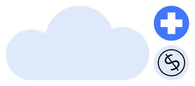 SağIık sigortası haçı ve dolar işaretleri daireler çizen yumuşak mavi bulutlar. Sağlık, fintech, teknoloji, tasarruf, veri depolama, bulut hizmetleri, modern teknoloji basitliği için idealdir. Düz basit