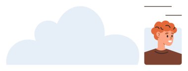 Gülümseyen bir bireyin kullanıcı profilinin yanında büyük bir bulut. Bulut hesaplama, çevrimiçi depolama, kullanıcı hesabı güvenliği, ağ oluşturma, sosyal medya, teknoloji, basit düz metafor