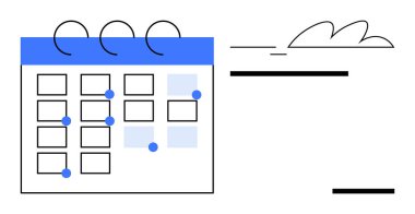 Vurgulanmış ve işaretlenmiş tarihlere sahip takvim ızgarası soyut asgari elementlerle eşleştirildi. Zaman yönetimi, programlama, verimlilik, organizasyon, planlama, hatırlatma, koordinasyon için ideal. Basit.