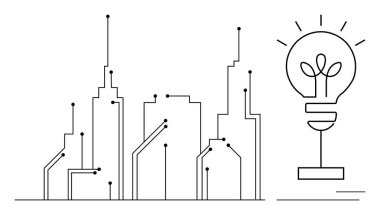 Teknolojik hatlara bağlı soyut şehir binaları filizlenen bitkilerle parlayan ampuller. Sürdürülebilirlik, yenilik, çevre, enerji, teknoloji, kentsel planlama, yenilenebilir enerji