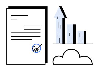 İmzalanmış belge, yukarı doğru çubuk grafiği ve bulut iş büyümesini, dijital dönüşümü ve veri yönetimini görselleştirir. E-imza, analitik, SaaS, pazarlama ve raporlamaya odaklı girişimler için ideal