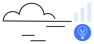 Bulut hatları minimalist çizgiler, büyüme grafikleri ve yenilik için mavi dairede ampul. Teknoloji, bulut hizmetleri, analitik, yaratıcılık, veri büyümesi için ideal, basit strateji