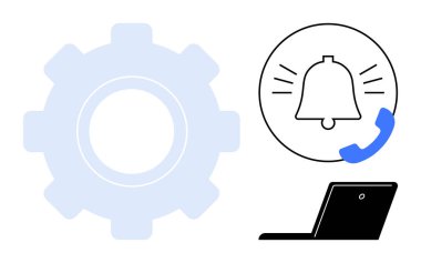 Alarm zilinin yanındaki mavi dişli, zil efekti ve telefon ikonu, artı bir laptop. Otomasyon, iletişim, teknoloji, çalışma süreçleri, programlama, alarmlar ve dijital aletler için ideal. Basit.