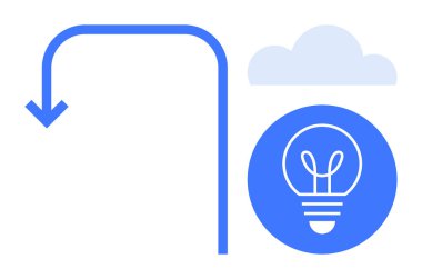 Ok, bulutun yanındaki mavi dairenin içindeki bir ampule doğru kıvrılıyor. Yenilik, yaratıcılık, problem çözme, beyin fırtınası, konseptler, teknoloji, başlangıç temaları, basit iniş sayfası için ideal