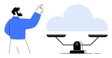 Denge ve bulutu gösteren bir adam değerlendirme ve seçim öneriyor. Karar verme, teknoloji, bulut hesaplama, eşitlik, denge, öncelikler sürdürülebilirlik için ideal. Temiz ve basit.