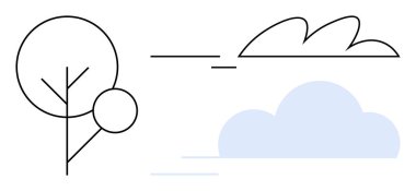 Minimalist ağaç çizgileri, soyut bulutlar ve basit gökyüzü çizgileri. Doğa, ekoloji, sürdürülebilirlik, dinginlik, çevre farkındalığı uyumu için idealdir. Basit bir düz metafor.