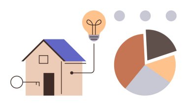 Güvenliği sembolize eden ev, enerji ampulü ve veri analizi için pasta grafiği. Gayrimenkul, enerji verimliliği, sürdürülebilirlik, akıllı evler, finansal planlama, yenilik için ideal