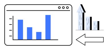 Tarayıcı penceresindeki çubuk çizelgesi yukarı doğru büyüyen ok ve yükselen çubuk grafiğinin yanında. Analiz, veri gösterimi, büyüme ölçümleri, tahminler, iş ilerlemesi, finansal eğilimler, basit