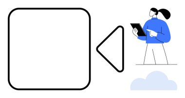 Bir video oyun ikonu ve bulut ögesi eşliğinde verileri incelerken tableti tutan karakter. Teknoloji, video pazarlama, içerik oluşturma, veri analizi, bulut hizmetleri, dijital