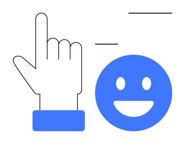 Mutluluk ve doğruluğu ifade eden mavi mutlu bir yüzle el hareketiyle. Kullanıcı deneyimi, geribildirim, uygulama tasarımı, iletişim, onay, katılım, basit iniş sayfası için ideal