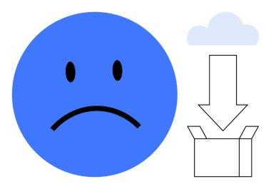 Bulut ve aşağı bakan okun yanında mavi üzgün surat kayıp, üzüntü, veri transferi, duygu, depolama veya teknolojik sorunlar. Dijital kavramlar, indirmeler, depolama üzüntüsü kaybı için ideal