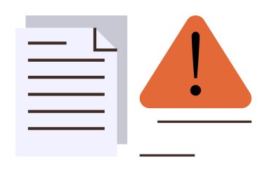 Turuncu üçgen uyarı sembolünün yanında bir ünlem işareti, uyarı, uyarı, hata, uyum, güvenlik, bilgilendirme, inceleme veya bilgiyi temsil eden bir belge. Basit bir düz metafor.