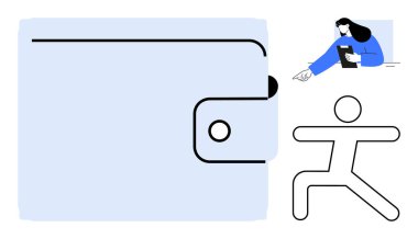 Cüzdan detayı, elinde not defteri olan bir kadın ve hareket halindeki minimalist bir insan figürü. Organizasyon, finans, bütçe, planlama, hareket, takım çalışması için ideal basit bir iniş sayfası