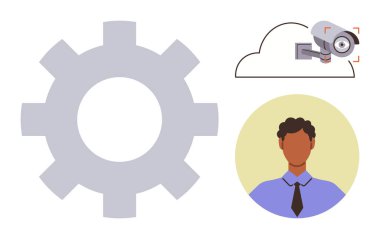 Gear çizim işlemleri, bulut içindeki kamera gözetleme ve teknolojiyi, iş gücünü sembolize eden kişi. Teknoloji, güvenlik, bulut hesaplama, veri yönetimi ve işgücü izleme için ideal