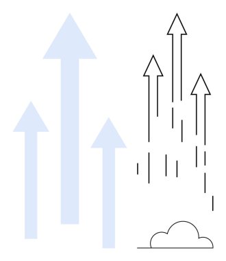 Yukarı çıkan oklar büyümeyi, başarıyı ve azmi simgeliyor. Bulut görüntülerinin yanında. Ticari büyüme, ilerleme, başarı, girişimcilik, liderlik, yenilik ve strateji için ideal
