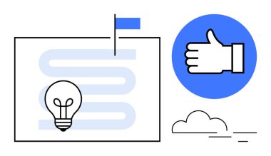 Ampul, bayrak ve onaylı iş haritası. Basit bir iniş sayfası için plan, strateji, yenilik, başarı, hedef belirleme, motivasyon ve vizyon için ideal