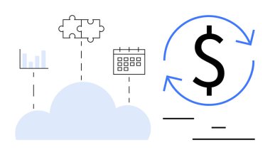 Veri grafikleri, bulmaca parçaları, takvim ve dolar işaretleriyle vurgulanmış bulut platformu otomasyonu, bütünleşmeyi ve tekrarlayan ödemeleri simgeliyor. İş, finans, analitik SaaS için ideal