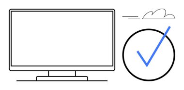 Bilgisayar monitörü ve küçük bulutlu büyük işaretli daire. Teknoloji, üretkenlik, dijital onay, onaylama, başarı, tamamlama için ideal, basit düz metafor