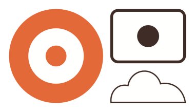 Minimalist kamera ve bulut çizgisi ile turuncu hedef kesişiyor. Teknoloji, fotoğrafçılık, odaklanma, bulut depolama, veri yönetimi, bağlantı, dijital hedef belirleme için ideal. Basit düz metafor