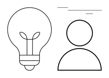 Bir insan figürünün yanında bir ampulün minimalist çizgisi. Basit bir metaforda yaratıcılık, yenilik, fikirler, takım çalışması, problem çözme, beyin fırtınası, liderlik ve ilham için idealdir.