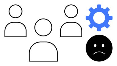 Üç ana hatlı figür, mavi bir vites ve takım çalışmasını, hayal kırıklığını ve üretkenlik engellerini sembolize eden üzgün bir yüz. İletişim, yönetim, çatışma çözümü, sorun çözme stratejisi için ideal