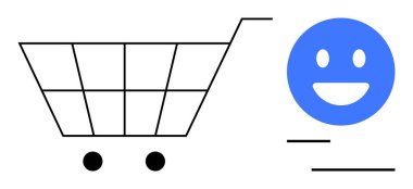 Mavi mutlu yüzlü, siyah çizgili ve tekerlekli alışveriş arabası. E-ticaret, çevrimiçi alışveriş, perakende satış hizmetleri, müşteri memnuniyeti, kullanıcı deneyimi, pazarlama ve basit iniş için ideal
