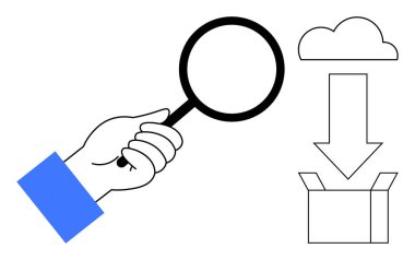 Düşen okun yakınındaki büyüteç, bulutu kutuya bağlıyor. Teknoloji, analiz, bulut depolama, sorun giderme, veri yönetimi, araştırma, problem çözme kavramları için ideal