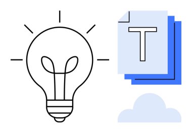 Yığılmış metin belgelerinin yanında ışık saçan ampul ve yaratıcılığı, yeniliği, veri paylaşımını, çevrimiçi depolama, işbirliği, dijital araçlar ve basit iniş sayfasını sembolize eden bulut grafiği