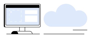 Masaüstü monitörü bulut grafiğinin yanında gösterge paneli arayüzü gösteriyor. Bulut hesaplama, veri depolama, çevrimiçi işbirliği, teknoloji, dijital dönüşüm, bilişim çözümleri, web tasarımı için ideal