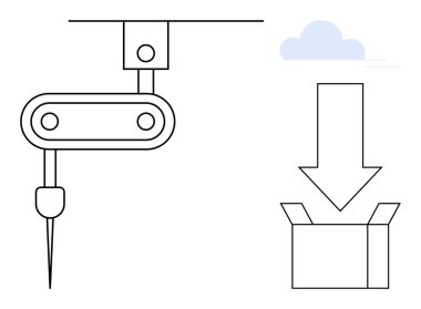 Üzerinde açık bir kutu ve büyük bir ok olan hassas bir aletle robotik kol. Otomasyon, robot bilimi, imalat, dağıtım, montaj, lojistik ve yenilik için ideal. Basit bir daire.