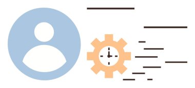 Kullanıcı avatarı, saat içeren bir dişlinin yanında üretkenliği, takım çalışmasını ve iş akışını temsil eder. Proje yönetimi, verimlilik, zamanlama, kişiselleştirme, kullanıcı kimliği HR işlemleri için ideal