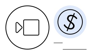 Kamera oyun ikonu dairesel çerçeve iletişiminde dolar işaretiyle eşleştirildi. Çevrimiçi iş, e-ticaret, fintech, abonelikler, dijital işlemler, basit daire
