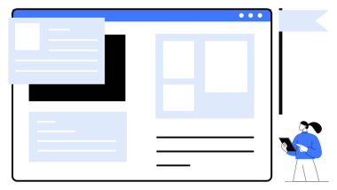 Modüler web düzeni, kartlar ve afişler içeren tarayıcı ekranı. Mavili kişi bayrak detaylarıyla tableti inceliyor. Web tasarımı için ideal, kullanıcı arayüzü, analitik, pazarlama, başlangıç içeriği