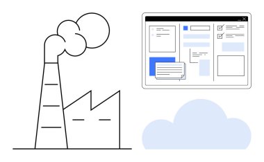 Duman yayan fabrika, endüstriyel süreçleri ve bulut entegrasyonunu temsil eden dijital bir arayüzle eşleştirildi. Endüstri, teknoloji, sürdürülebilirlik, dijital dönüşüm, veri için ideal