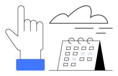 Masa takviminin ve çizgilerin az olduğu bir bulutun yanında duran büyük bir el. Zamanlama, olaylar, planlama, zaman yönetimi, bulut teknolojisi, dijital çözümler, basit düz metafor