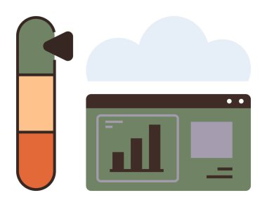 Gösterge panelinin üstünde bulut simgesi ve bar çizelgeleri var. Yanında da performans göstergesi. Veri analizi, performans izleme, bilişim altyapısı, bulut hesaplama, ilerleme görüntüleme ve çevrimiçi için ideal