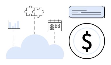 Bulut bağlantı çizelgesi, bulmaca, takvim, dolar işareti ve metin satırı. Finans, teknoloji, bulut hesaplama takım çalışması planlama analitik iş çözümleri için idealdir. Basit düz metafor