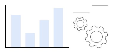 Çalışma süreci, büyüme ve optimizasyonu sembolize eden üç sütunun yanında bar tablosu. Veri analizi, ilerleme izleme, iş çözümleri, SEO, iş akışı sistemleri ve seyirciler için ideal