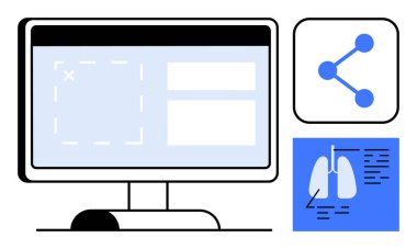 Arayüzlü masaüstü monitörü, analizli akciğer diyagramı, paylaşım simgesi. Sağlık, teletıp, tanı, veri paylaşımı, teknoloji, yenilik için ideal basit bir iniş sayfası