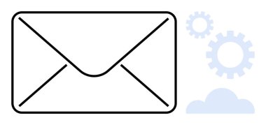 Mavi dişli siyah zarf ve bulut grafikleri e-posta, iletişim ve bulut tabanlı sistemler arası entegrasyonu simgeliyor. İş, teknoloji, mesajlaşma, takım çalışması, yenilik için ideal