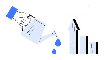 Sulama kabından yukarı doğru oklarla büyüyen bir bar tablosuna su dökülüyor. Büyüme, yatırım, iş, kalkınma, başarı, ilerleme ve başlangıç için idealdir. Basit bir iniş sayfası için mükemmel.