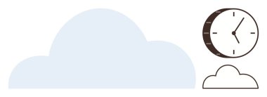 Küçük bir saat ve küçük bir bulut çizgisi olan büyük mavi bir bulut. Zaman, verimlilik, programlama, bulut hesaplama, internet, veri depolama, verimlilik kavramları için idealdir. Basit düz metafor
