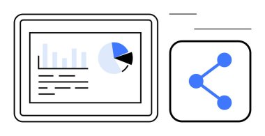 Bir bağlantı simgesinin yanında çubuk grafiği, pasta grafiği ve metin gösteren tablet ekran. Analiz için ideal, veri paylaşımı, raporlar, işbirliği, takım çalışması, teknoloji sade iniş sayfası