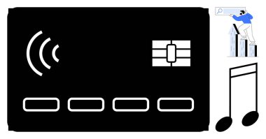 Çipli temassız kart, büyüteçle büyüme grafiğini analiz eden adam ve müzik notaları. Ödemeler için ideal, teknoloji, analitik, yenilik, dijital ekonomi, finansman basit düz metafor