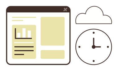 Grafiksel gösterge paneli bar çizelgesi ve metin, zamanı gösteren saat ve bulut tasarımı. Üretkenlik, analiz, zamanlama, zaman izleme, veri yönetimi, yazılım için ideal