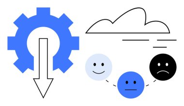 Üç duygusal yüz ve bir bulut ile aşağı doğru eşleşen büyük dişli, iş akışı sorunlarını, geri bildirim süreçlerini veya üretkenliğe duygusal tepkileri sembolize eder. Üretkenlik ve iş akışı için ideal