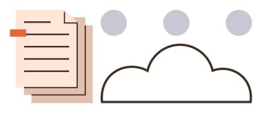 Bir bulut simgesinin yanında bir yığın belge ve yukarıda bulut depolama, dosya paylaşma ve dijital organizasyonu temsil eden üç nokta. Teknoloji, ağ oluşturma, veri yönetimi ve bulut depolama için ideal