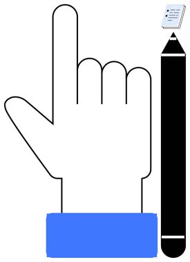 Bir kalem ve yüzen bir kağıdın yanında duran el hareketi. Yaratıcılık, iletişim, eğitim, yazma, belgeleme, karar verme ve öğretme için idealdir. Temiz, düz bir metafor.