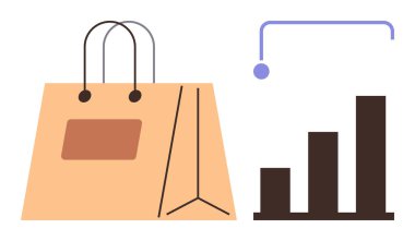 Yukarı doğru eğilimli bir bar grafiğinin yanında alışveriş torbası. Perakende, e-ticaret, satış büyümesi, tüketici davranışı, pazar analizi, iş geliştirme, basit düz metafor